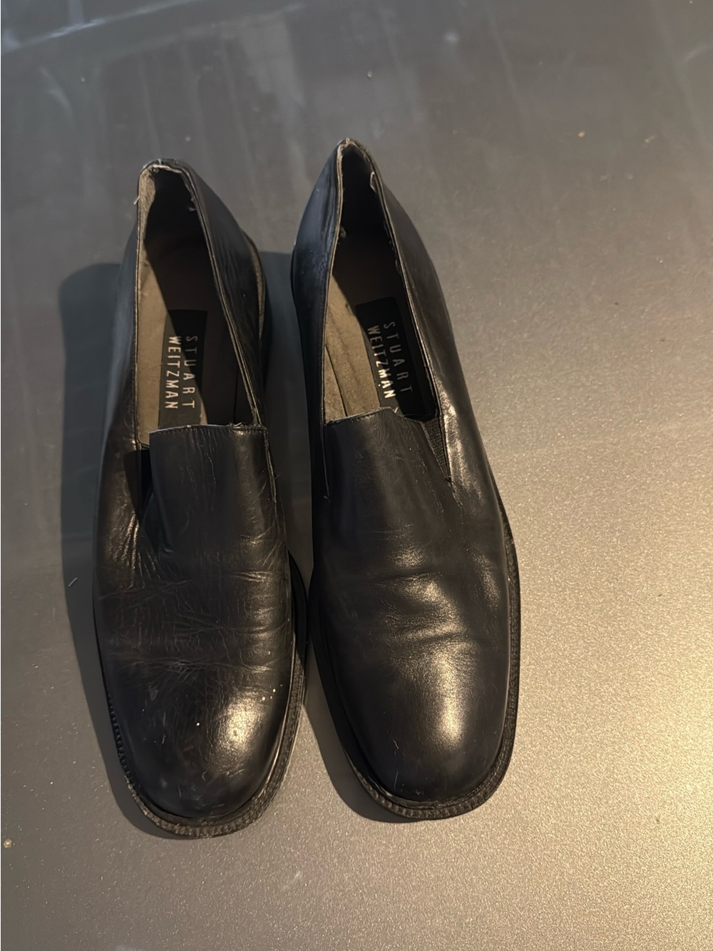 Stuart Weitzman Black Leather Slip-On Loafers